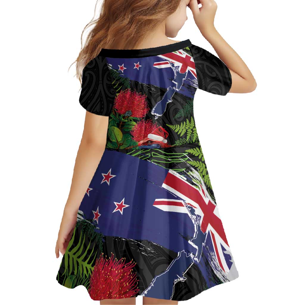 New Zealand Christmas Family Matching Short Sleeve Bodycon Dress and Hawaiian Shirt Meri Kirihimete-Tuatara and Pohutukawa Black Color