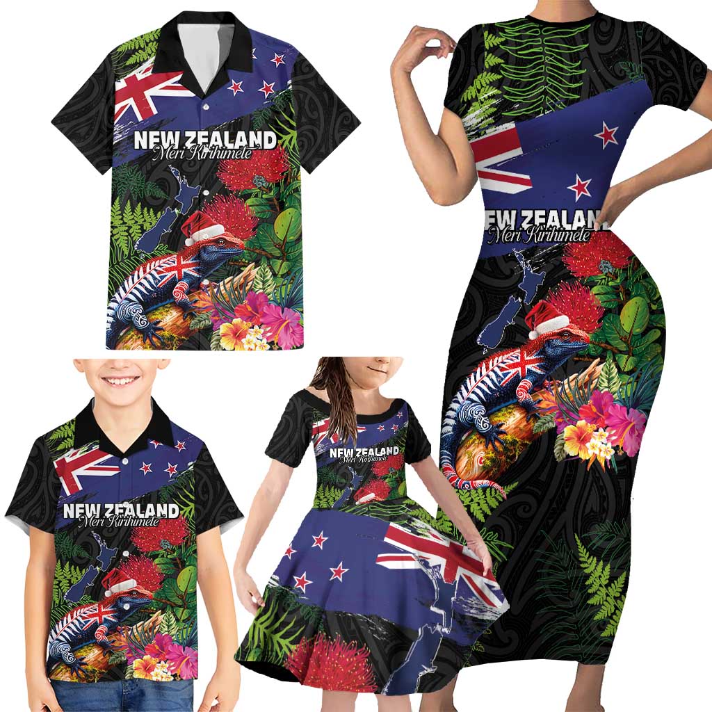 New Zealand Christmas Family Matching Short Sleeve Bodycon Dress and Hawaiian Shirt Meri Kirihimete-Tuatara and Pohutukawa Black Color