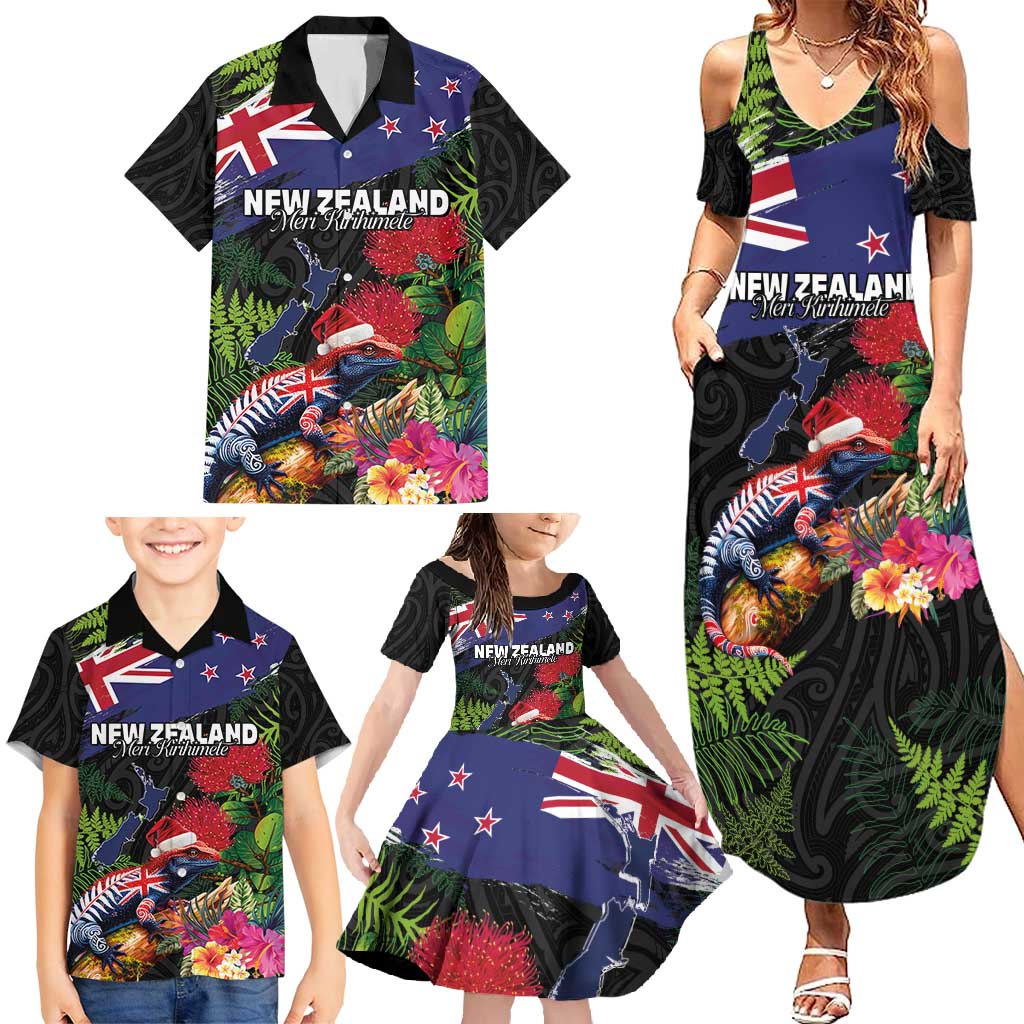New Zealand Christmas Family Matching Summer Maxi Dress and Hawaiian Shirt Meri Kirihimete-Tuatara and Pohutukawa Black Color