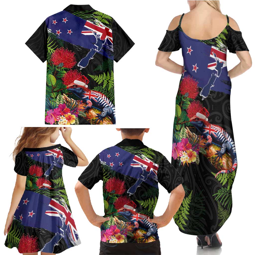 New Zealand Christmas Family Matching Summer Maxi Dress and Hawaiian Shirt Meri Kirihimete-Tuatara and Pohutukawa Black Color
