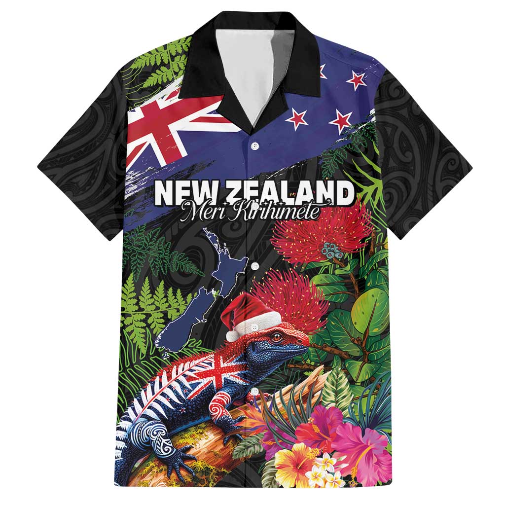 New Zealand Christmas Hawaiian Shirt Meri Kirihimete-Tuatara and Pohutukawa Black Color