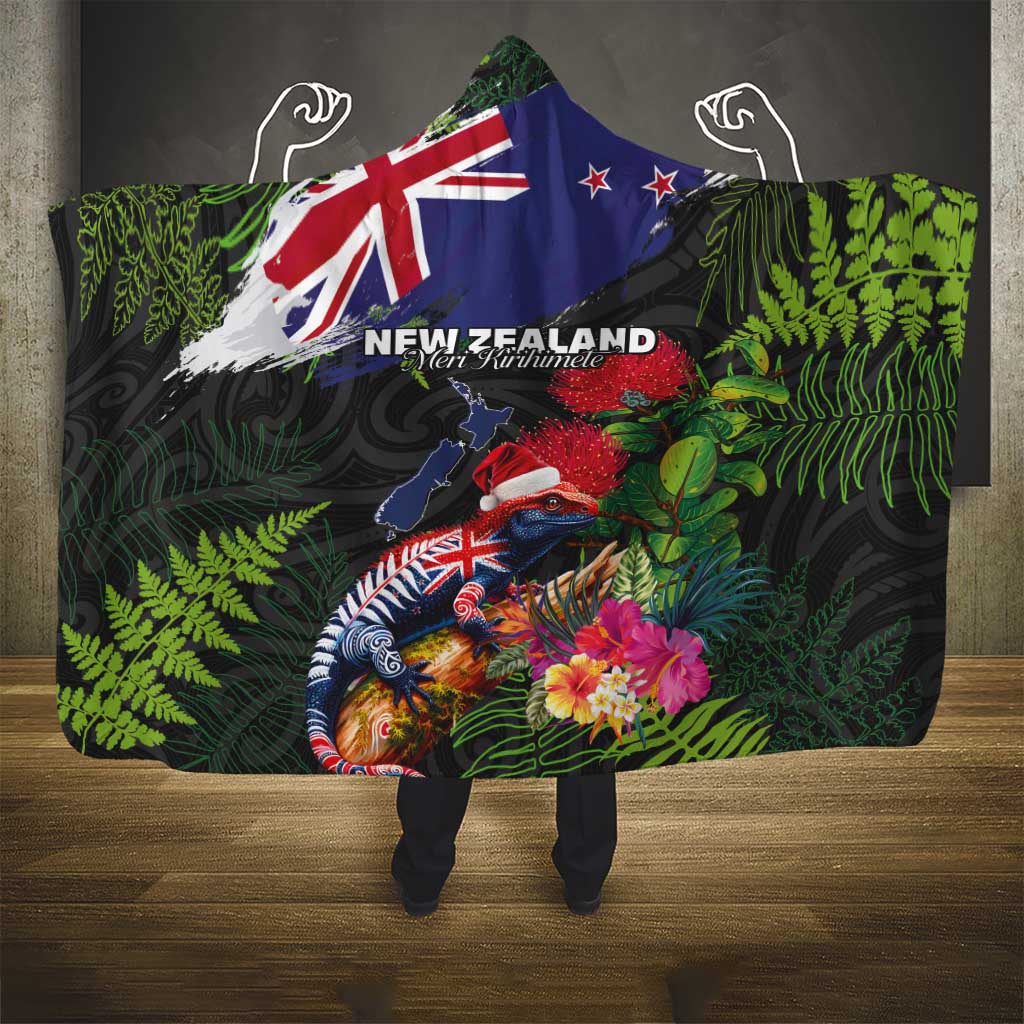 New Zealand Christmas Hooded Blanket Meri Kirihimete-Tuatara and Pohutukawa Black Color