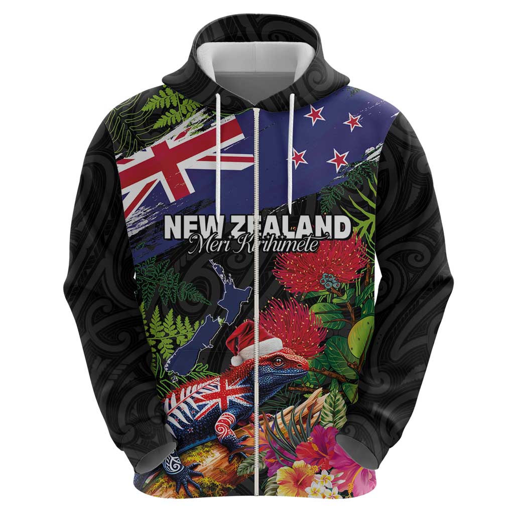 New Zealand Christmas Hoodie Meri Kirihimete-Tuatara and Pohutukawa Black Color