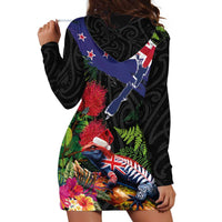 New Zealand Christmas Hoodie Dress Meri Kirihimete-Tuatara and Pohutukawa Black Color