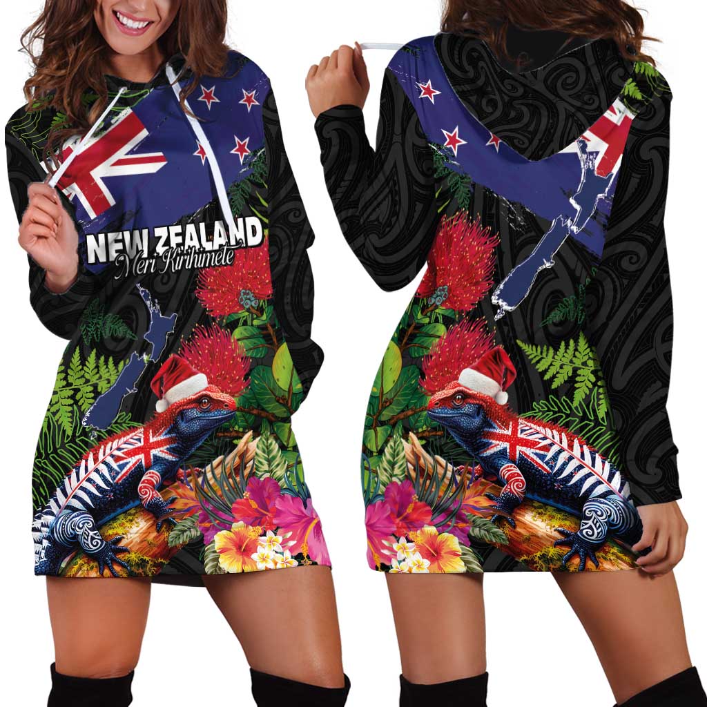 New Zealand Christmas Hoodie Dress Meri Kirihimete-Tuatara and Pohutukawa Black Color