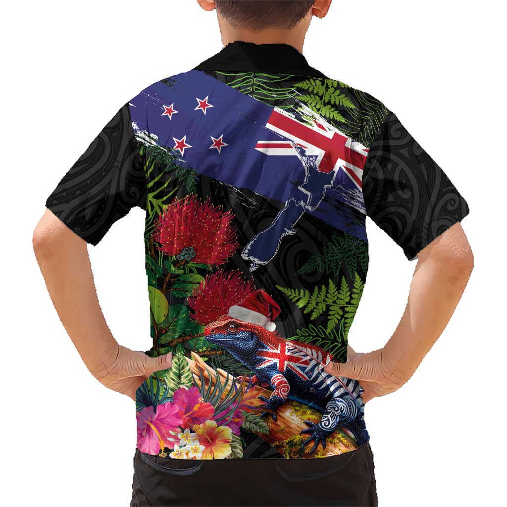 New Zealand Christmas Kid Hawaiian Shirt Meri Kirihimete-Tuatara and Pohutukawa Black Color