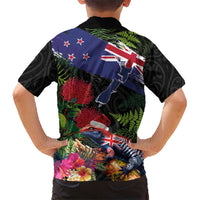 New Zealand Christmas Kid Hawaiian Shirt Meri Kirihimete-Tuatara and Pohutukawa Black Color