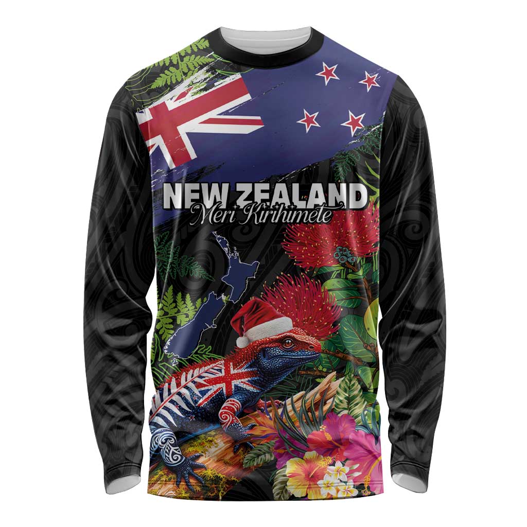 New Zealand Christmas Long Sleeve Shirt Meri Kirihimete-Tuatara and Pohutukawa Black Color