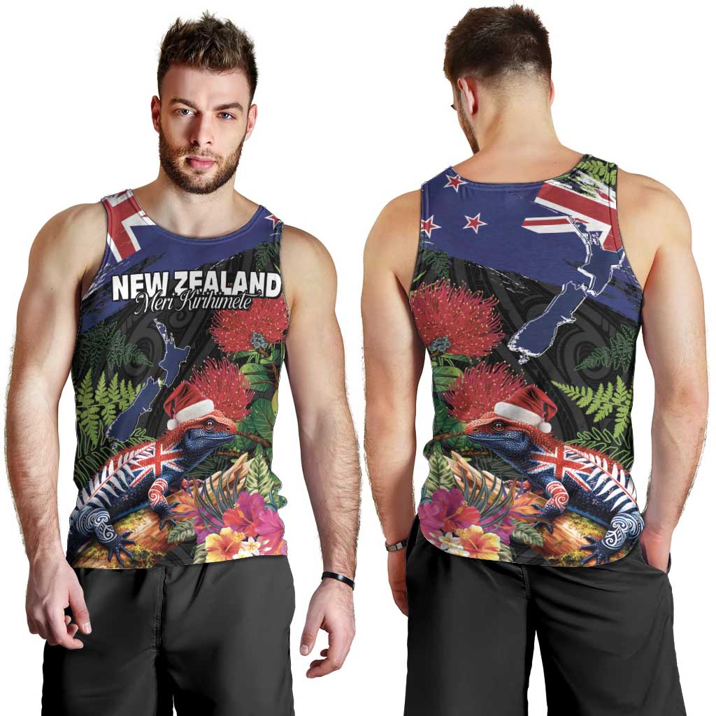 New Zealand Christmas Men Tank Top Meri Kirihimete-Tuatara and Pohutukawa Black Color