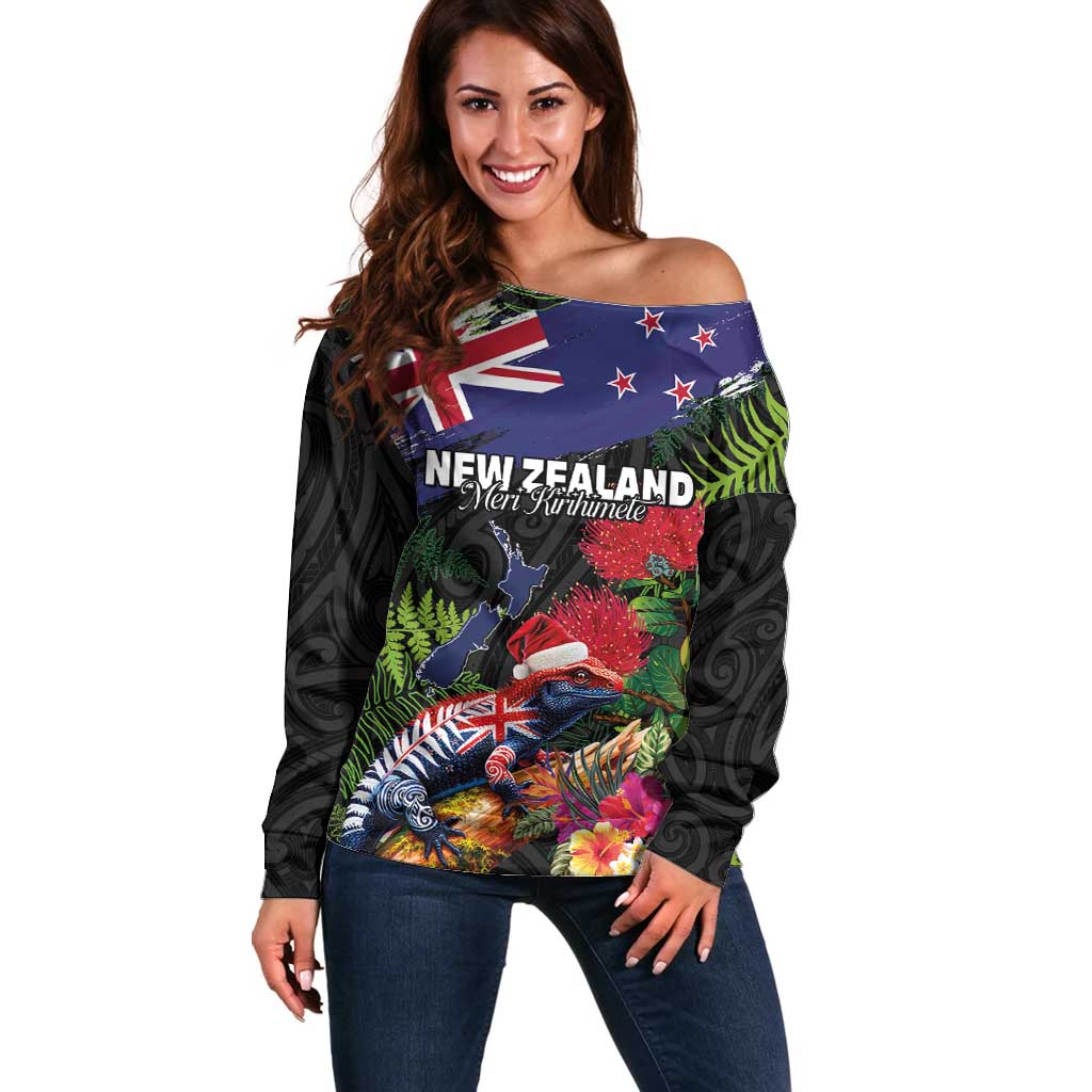 New Zealand Christmas Off Shoulder Sweater Meri Kirihimete-Tuatara and Pohutukawa Black Color