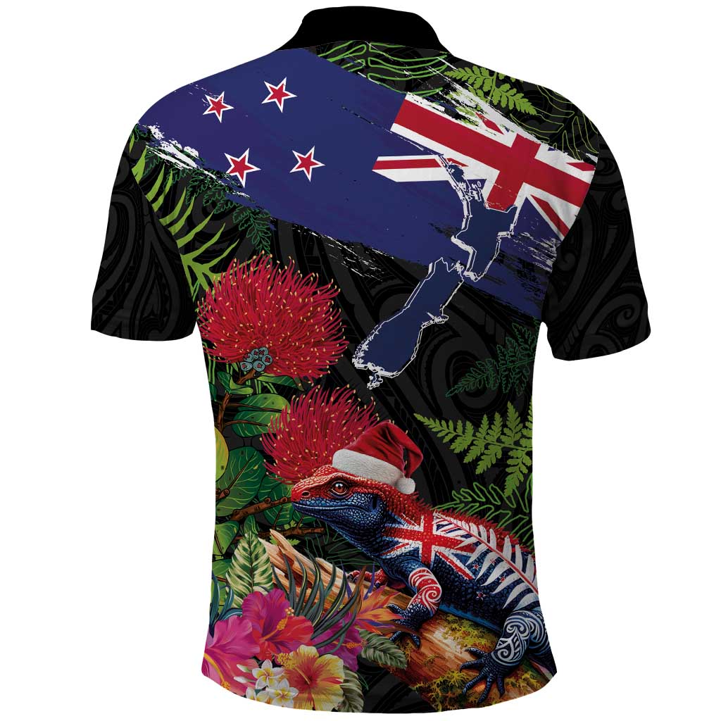 New Zealand Christmas Polo Shirt Meri Kirihimete-Tuatara and Pohutukawa Black Color