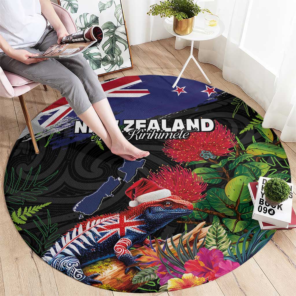 New Zealand Christmas Round Carpet Meri Kirihimete-Tuatara and Pohutukawa Black Color