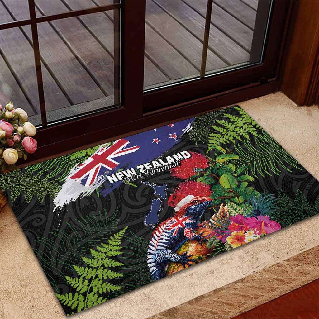 New Zealand Christmas Rubber Doormat Meri Kirihimete-Tuatara and Pohutukawa Black Color