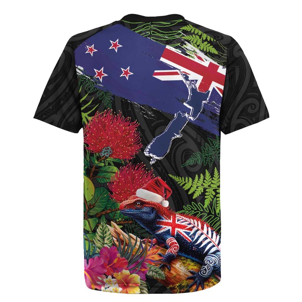 New Zealand Christmas Rugby Jersey Meri Kirihimete-Tuatara and Pohutukawa Black Color