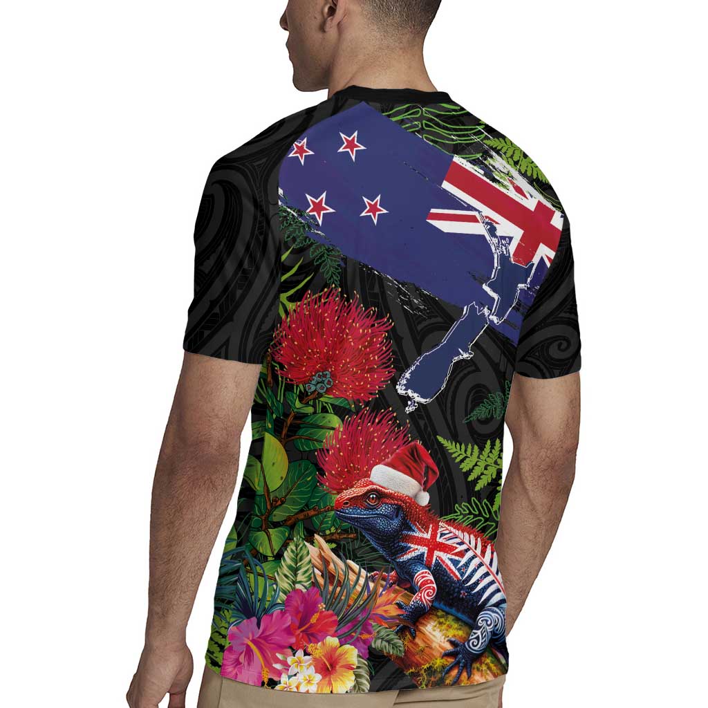 New Zealand Christmas Rugby Jersey Meri Kirihimete-Tuatara and Pohutukawa Black Color