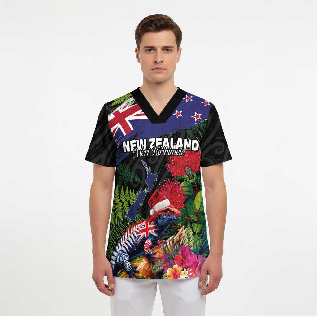 New Zealand Christmas Scrub Top Meri Kirihimete-Tuatara and Pohutukawa Black Color - Polynesian Pride