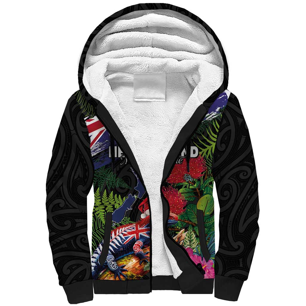 New Zealand Christmas Sherpa Hoodie Meri Kirihimete-Tuatara and Pohutukawa Black Color