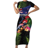 New Zealand Christmas Short Sleeve Bodycon Dress Meri Kirihimete-Tuatara and Pohutukawa Black Color