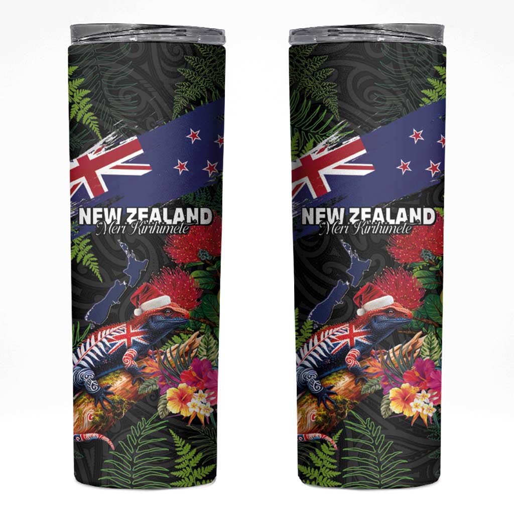 New Zealand Christmas Skinny Tumbler Meri Kirihimete-Tuatara and Pohutukawa Black Color