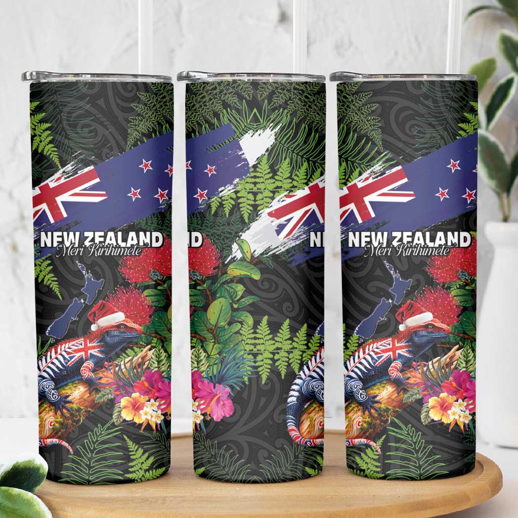 New Zealand Christmas Skinny Tumbler Meri Kirihimete-Tuatara and Pohutukawa Black Color