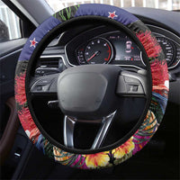 New Zealand Christmas Steering Wheel Cover Meri Kirihimete-Tuatara and Pohutukawa Black Color