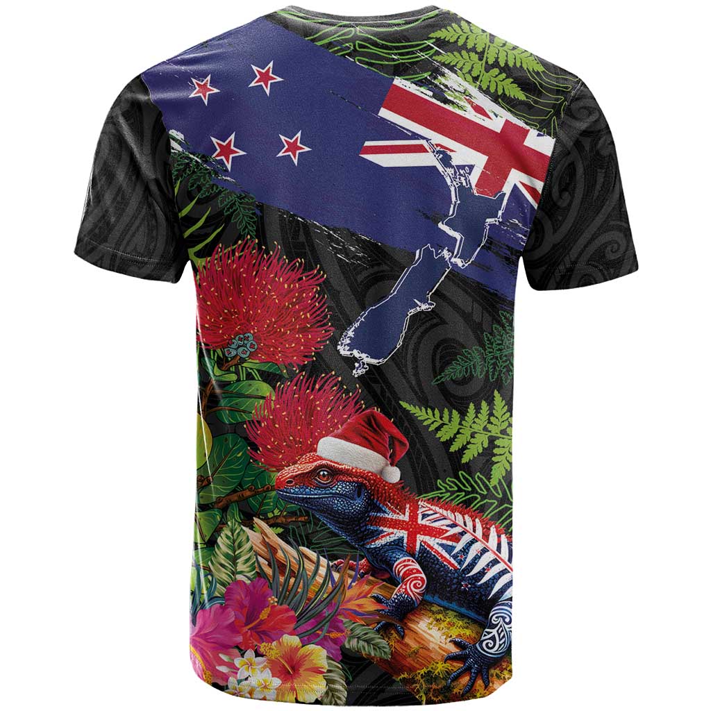 New Zealand Christmas T Shirt Meri Kirihimete-Tuatara and Pohutukawa Black Color