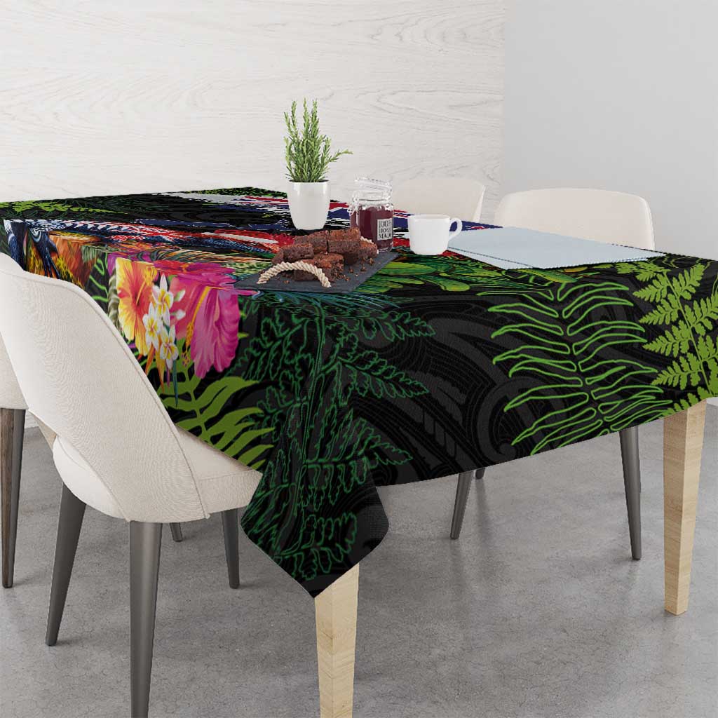 New Zealand Christmas Tablecloth Meri Kirihimete-Tuatara and Pohutukawa Black Color