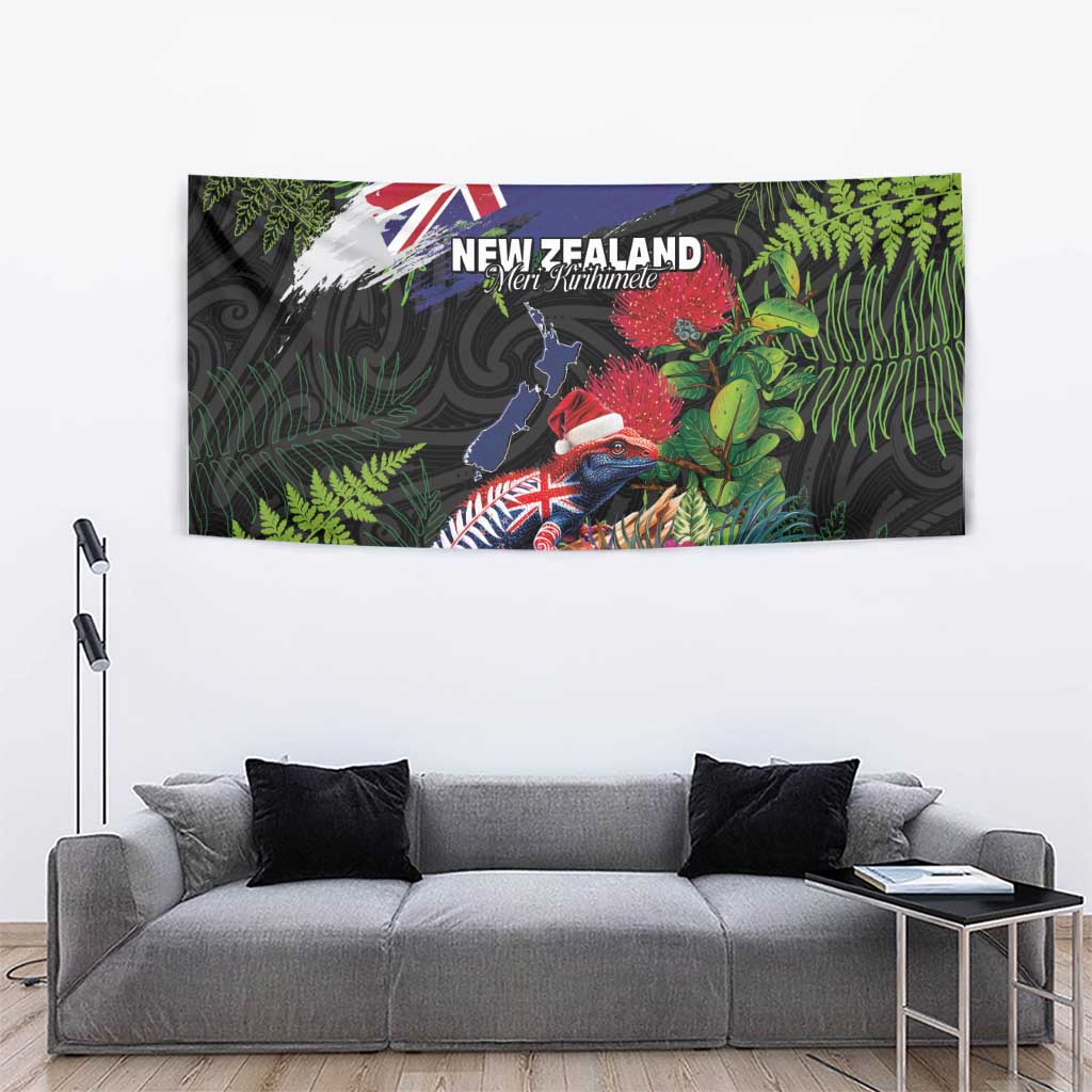 New Zealand Christmas Tapestry Meri Kirihimete-Tuatara and Pohutukawa Black Color