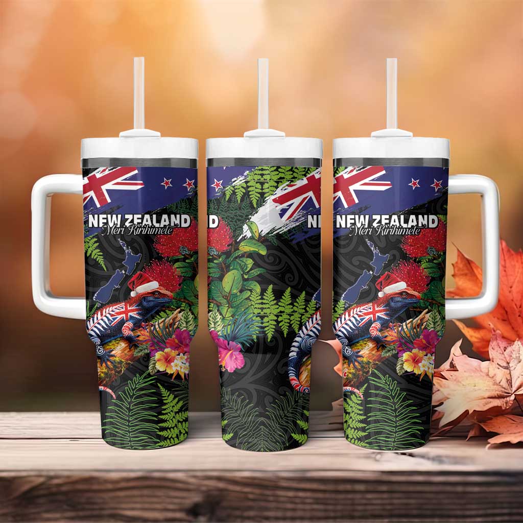 New Zealand Christmas Tumbler With Handle Meri Kirihimete-Tuatara and Pohutukawa Black Color