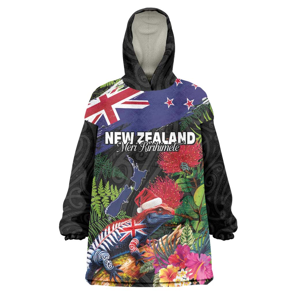 New Zealand Christmas Wearable Blanket Hoodie Meri Kirihimete-Tuatara and Pohutukawa Black Color