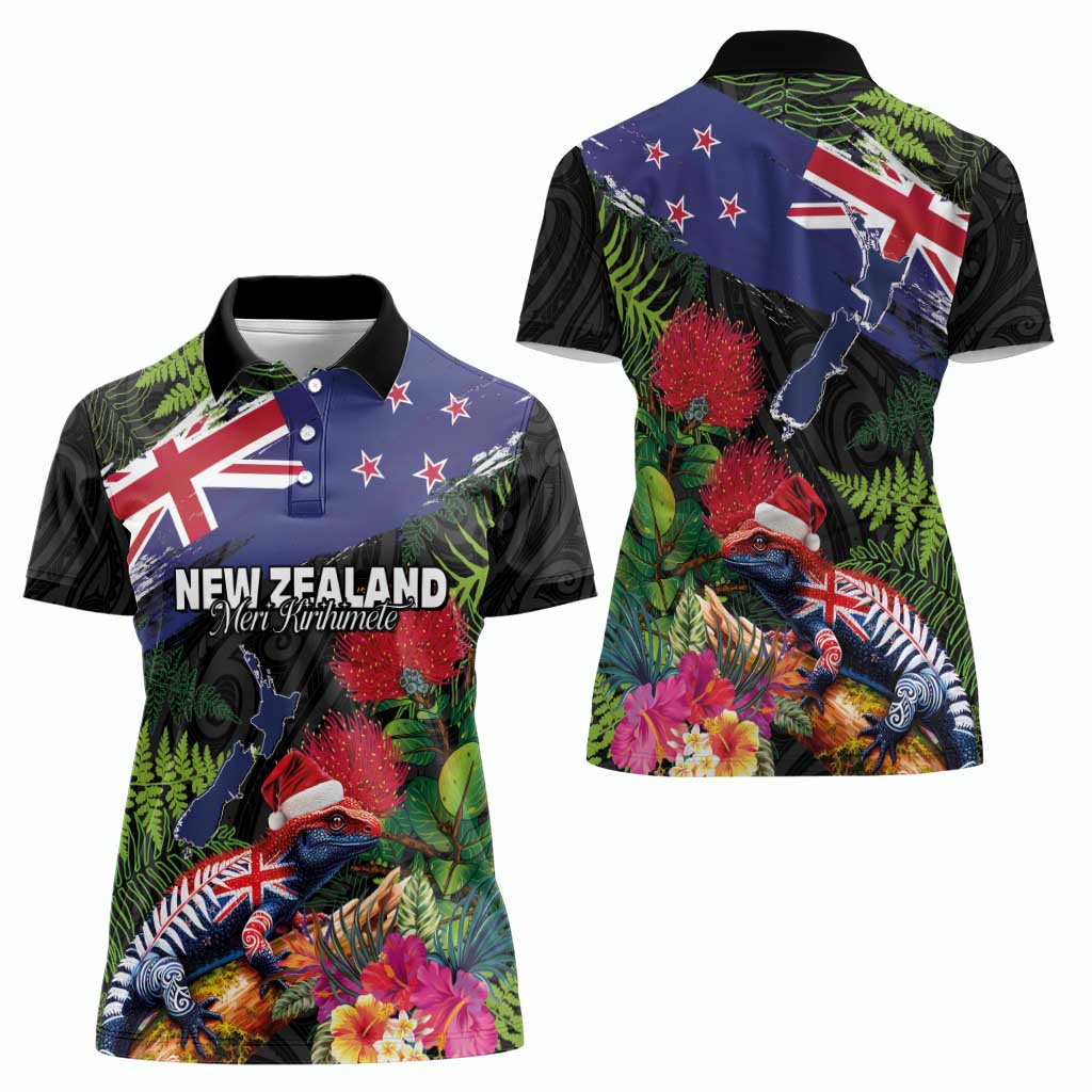 New Zealand Christmas Women Polo Shirt Meri Kirihimete-Tuatara and Pohutukawa Black Color