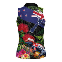 New Zealand Christmas Women Sleeveless Polo Shirt Meri Kirihimete-Tuatara and Pohutukawa Black Color