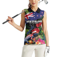 New Zealand Christmas Women Sleeveless Polo Shirt Meri Kirihimete-Tuatara and Pohutukawa Black Color