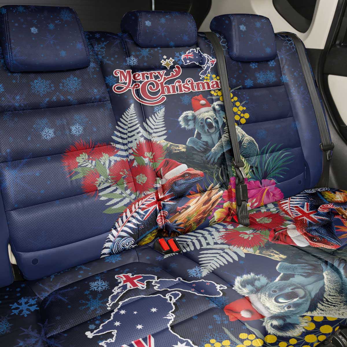 Australia and New Zealand Back Car Seat Cover Merry Christmas-Tuatara and Koala with Plants Xmas Style
