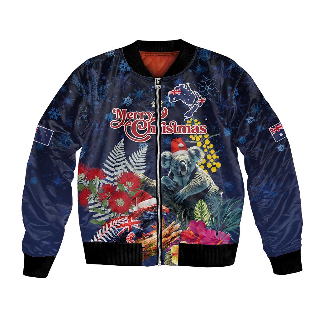 Australia and New Zealand Bomber Jacket Merry Christmas-Tuatara and Koala with Plants Xmas Style