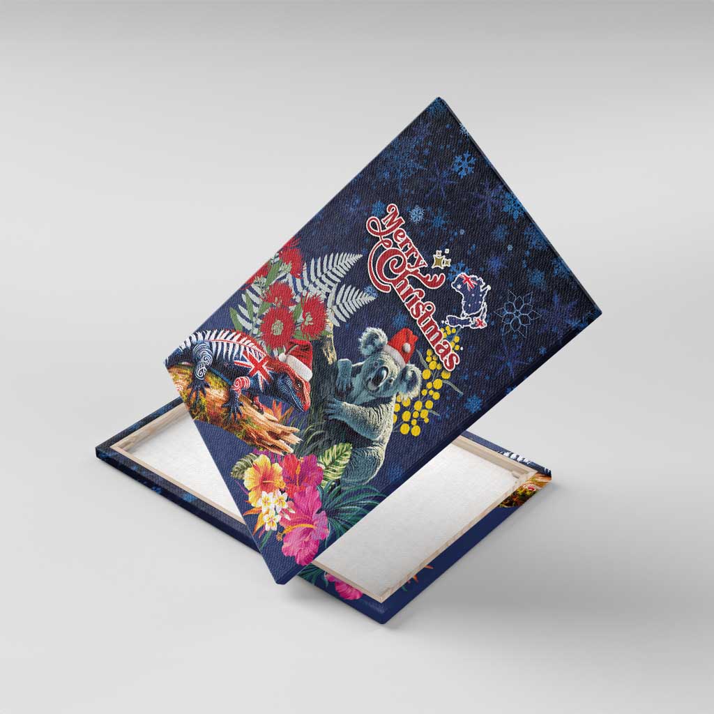 Australia and New Zealand Canvas Wall Art Merry Christmas-Tuatara and Koala with Plants Xmas Style