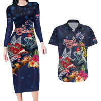Australia and New Zealand Couples Matching Long Sleeve Bodycon Dress and Hawaiian Shirt Merry Christmas-Tuatara and Koala with Plants Xmas Style