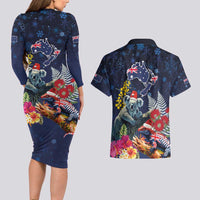 Australia and New Zealand Couples Matching Long Sleeve Bodycon Dress and Hawaiian Shirt Merry Christmas-Tuatara and Koala with Plants Xmas Style