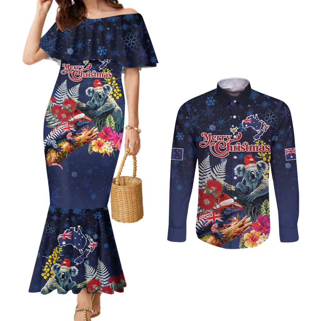 Australia and New Zealand Couples Matching Mermaid Dress and Long Sleeve Button Shirt Merry Christmas-Tuatara and Koala with Plants Xmas Style