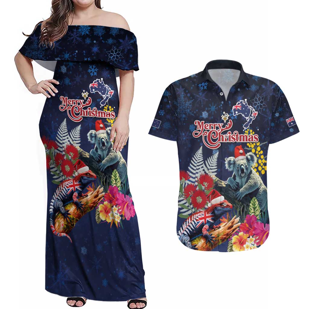 Australia and New Zealand Couples Matching Off Shoulder Maxi Dress and Hawaiian Shirt Merry Christmas-Tuatara and Koala with Plants Xmas Style
