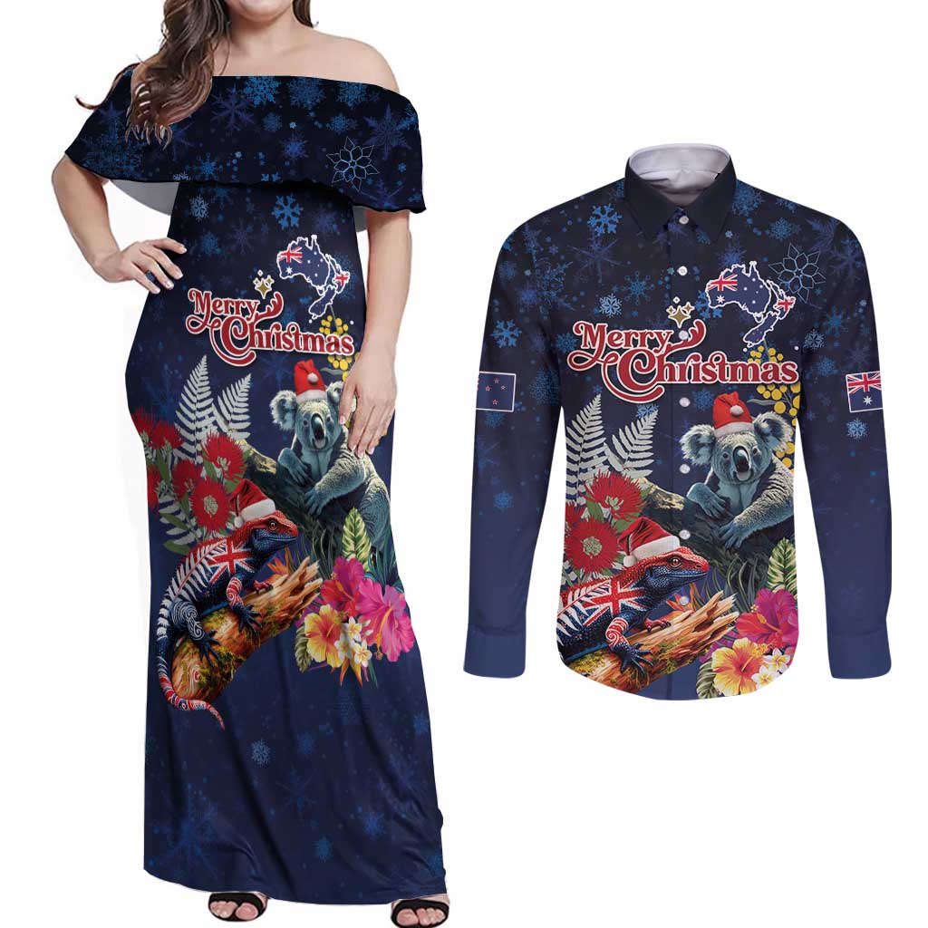 Australia and New Zealand Couples Matching Off Shoulder Maxi Dress and Long Sleeve Button Shirt Merry Christmas-Tuatara and Koala with Plants Xmas Style