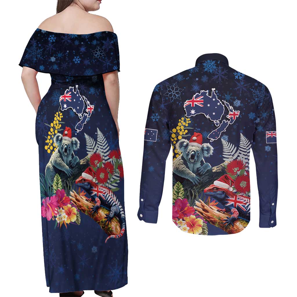 Australia and New Zealand Couples Matching Off Shoulder Maxi Dress and Long Sleeve Button Shirt Merry Christmas-Tuatara and Koala with Plants Xmas Style