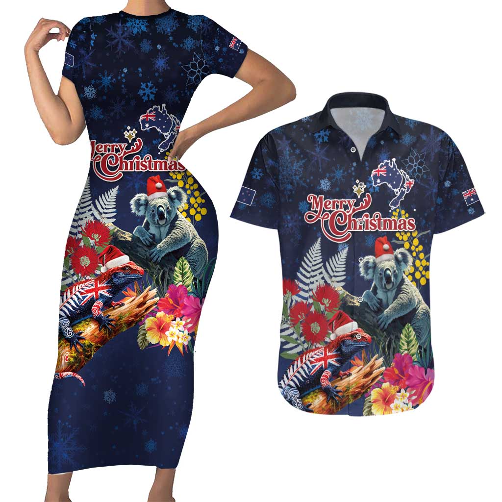 Australia and New Zealand Couples Matching Short Sleeve Bodycon Dress and Hawaiian Shirt Merry Christmas-Tuatara and Koala with Plants Xmas Style