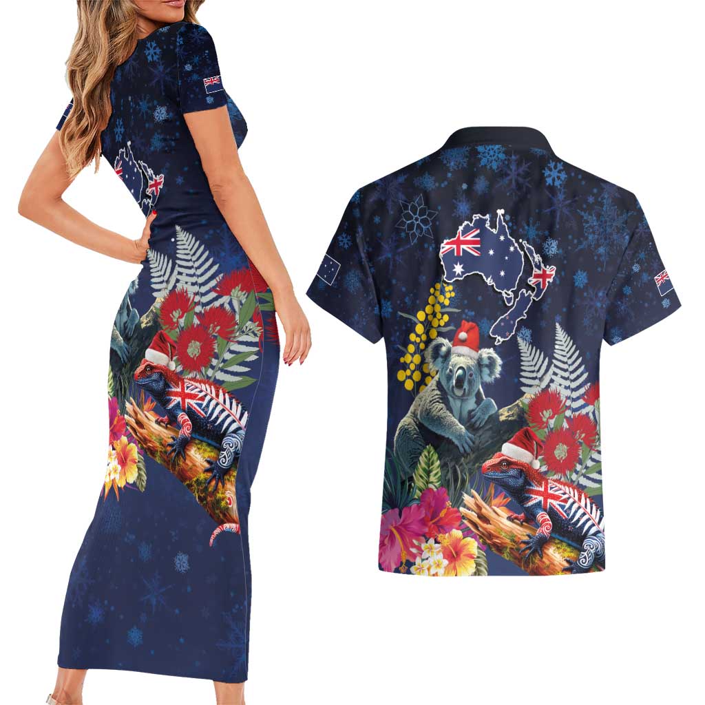 Australia and New Zealand Couples Matching Short Sleeve Bodycon Dress and Hawaiian Shirt Merry Christmas-Tuatara and Koala with Plants Xmas Style