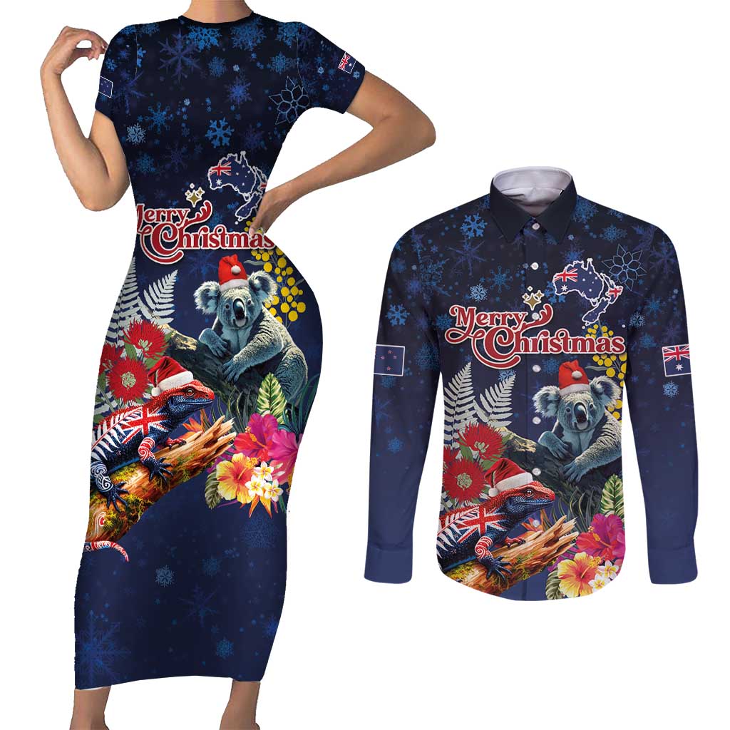 Australia and New Zealand Couples Matching Short Sleeve Bodycon Dress and Long Sleeve Button Shirt Merry Christmas-Tuatara and Koala with Plants Xmas Style