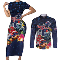 Australia and New Zealand Couples Matching Short Sleeve Bodycon Dress and Long Sleeve Button Shirt Merry Christmas-Tuatara and Koala with Plants Xmas Style
