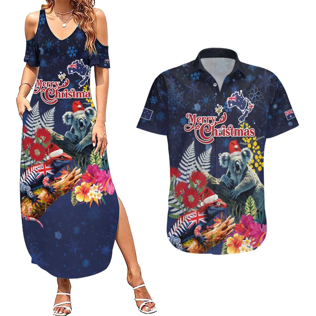 Australia and New Zealand Couples Matching Summer Maxi Dress and Hawaiian Shirt Merry Christmas-Tuatara and Koala with Plants Xmas Style