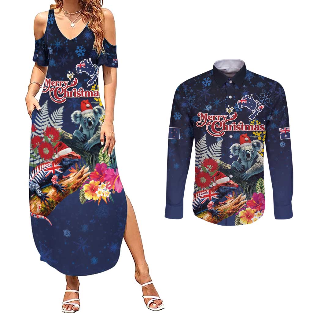 Australia and New Zealand Couples Matching Summer Maxi Dress and Long Sleeve Button Shirt Merry Christmas-Tuatara and Koala with Plants Xmas Style