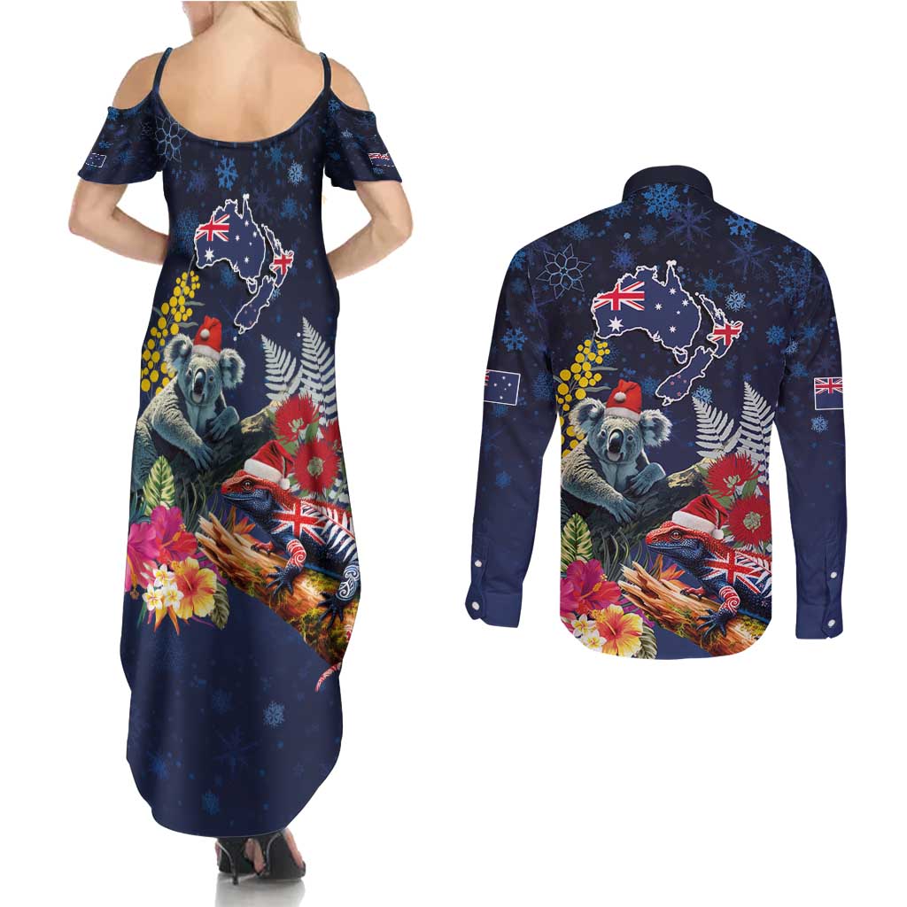 Australia and New Zealand Couples Matching Summer Maxi Dress and Long Sleeve Button Shirt Merry Christmas-Tuatara and Koala with Plants Xmas Style