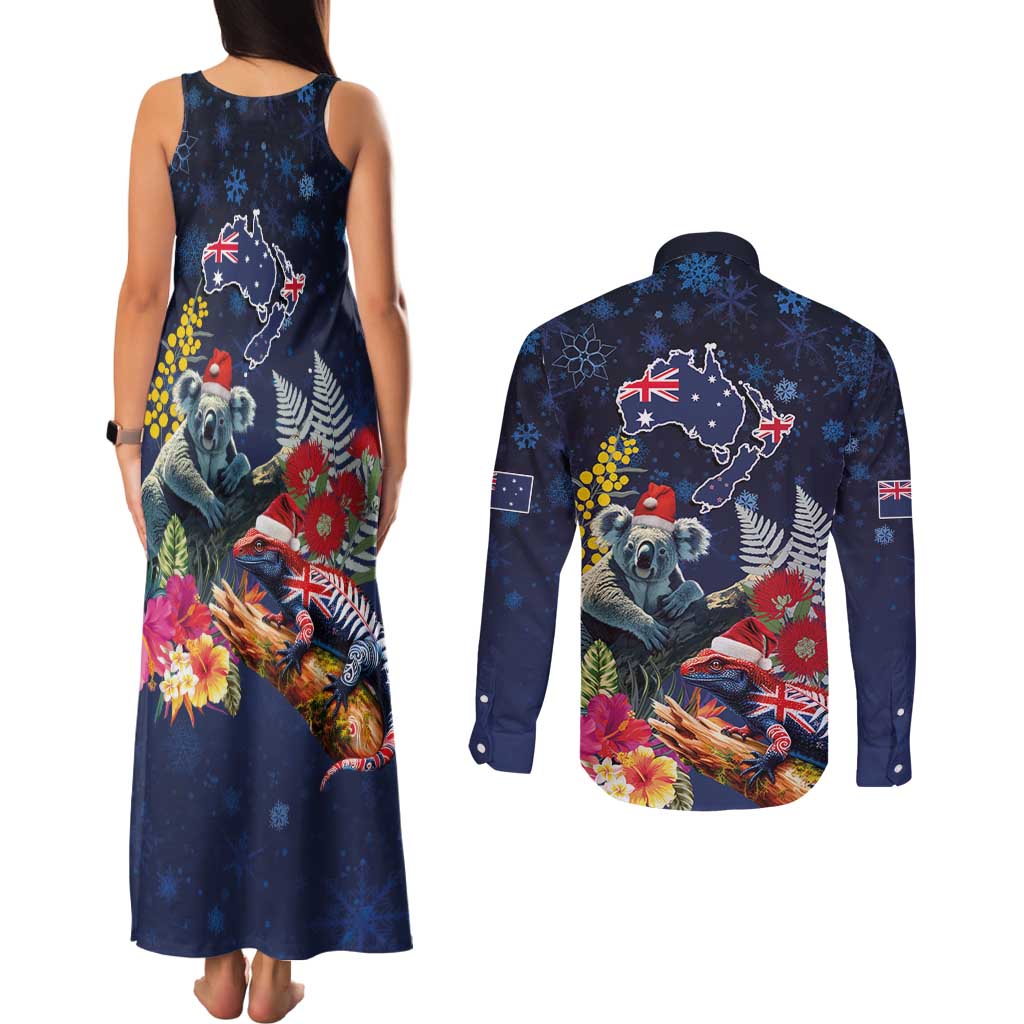 Australia and New Zealand Couples Matching Tank Maxi Dress and Long Sleeve Button Shirt Merry Christmas-Tuatara and Koala with Plants Xmas Style